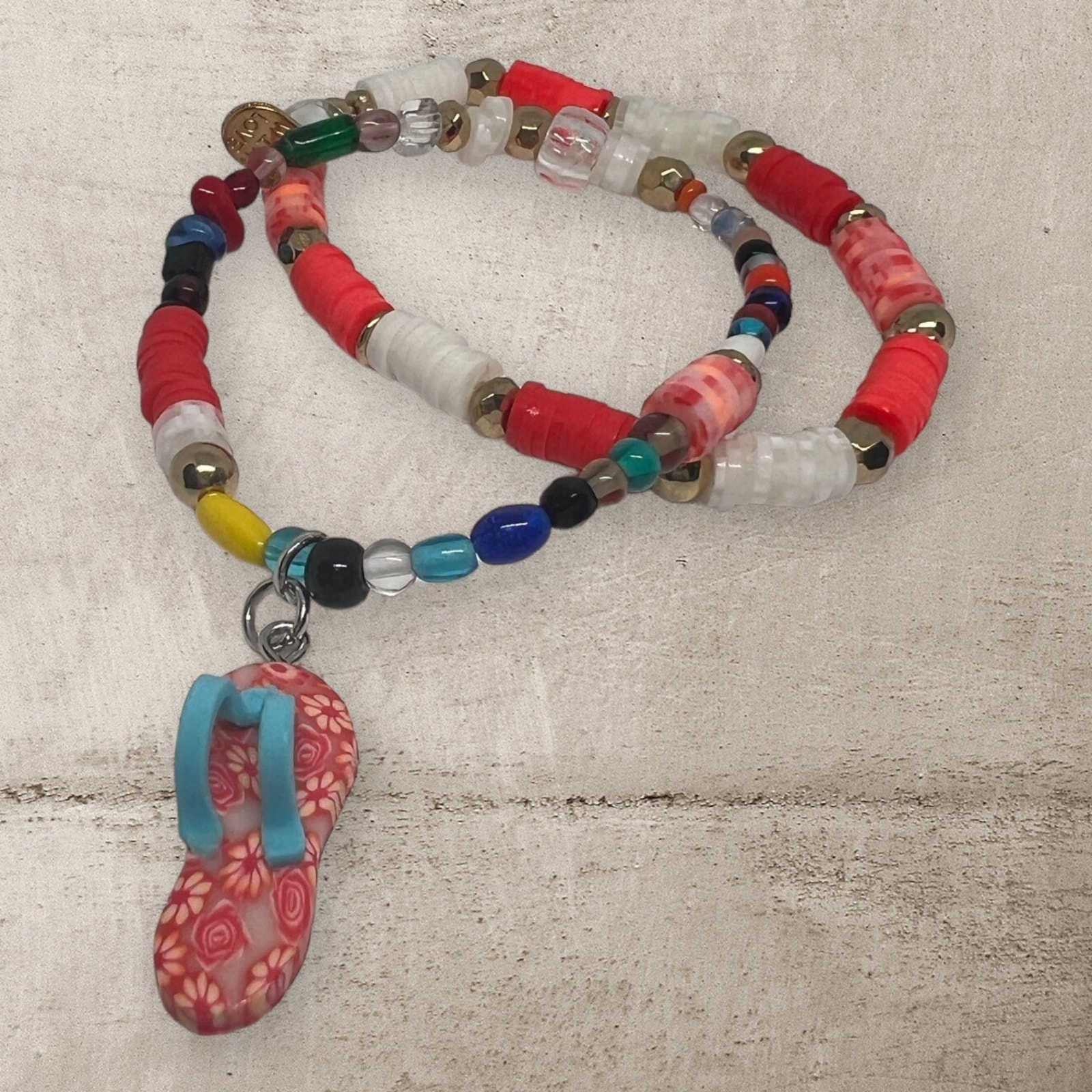 Flip Flop Charm & Heishi Clay Beads Colorful Handmade Beach Vibes Bracelet Set